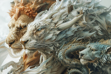A beast with multiple heads of different animals?a lion, a wolf, and a dragon?all sharing the same shimmering, scaled body.
