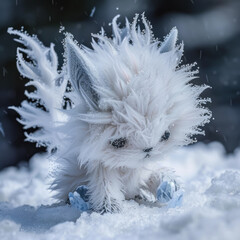A small, fluffy creature that exudes a perpetual snowstorm around it, leaving a trail of frost and tiny ice sculptures wherever it goes.