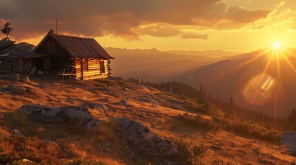 Bathed in the golden glow of sunset, a timber cabin stands sentinel on the mountainside, its sturdy frame a testament to resilience in the face of nature's fury.