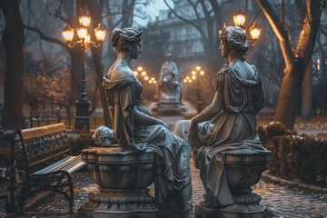 A city park where the statues come alive at dusk, playing ancient games and whispering secrets to...