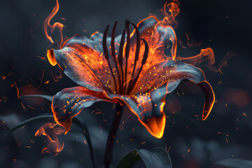 A flower that blooms with petals of pure flame, flickering gently and casting a warm, inviting glow around its charred stem.