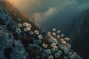 A mountain cliff where daisies with mirror-like petals reflect the ever-changing sky, 