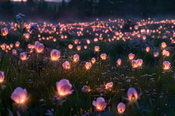 A meadow where each flower is a tiny, glowing lamp, casting a warm, gentle light across a twilight landscape.