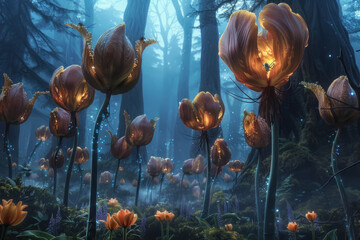 A deep forest where gigantic, upside-down tulips serve as shelters for woodland creatures, their roots twinkling with bioluminescent bugs.