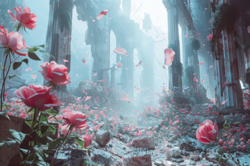 An abandoned city where roses bloom with petals of crystal glass, clinking softly in the wind, creating a symphony of fragile sounds.