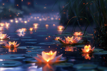 A riverbank where lilies float on the water, each one glowing with a soft inner light, guiding lost travelers at night.