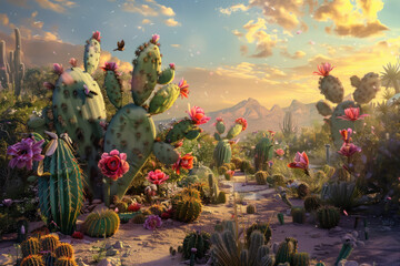 A desert oasis where cacti bloom with flowers made of spun sugar, glistening in the harsh sunlight and attracting exotic birds.