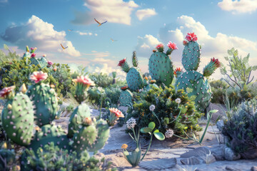 A desert oasis where cacti bloom with flowers made of spun sugar, glistening in the harsh sunlight and attracting exotic birds.