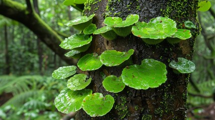   A tight shot of a tree, adorned with a dense cluster of vibrant green leaves directly on its bark, nestled in the heart of a forest - Powered by Adobe