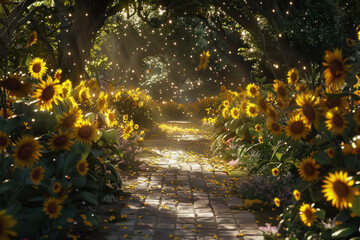 A garden path lined with sunflowers that rotate like solar panels, tracking not the sun, but the movements of the stars.
