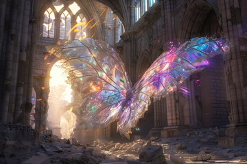 A luminous, ethereal creature with wings made of stained glass, casting colorful light patterns as it flits through the ruins of an ancient cathedral.