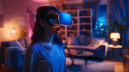 Young woman in dark living room wearing VR headset explores augmented reality. Concept Virtual Reality, Technology, Dark Room, Augmented Reality, Young Woman