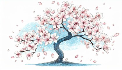 A bright white background, refreshing, clear, blue sky, dancing, beautiful illustration of cherry blossoms generated by AI