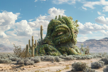 A desert dweller with a body like a cactus but with faces on each of its spines, whispering secrets to the wind and mirages to travelers.
