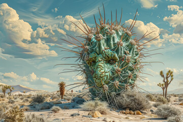 A desert dweller with a body like a cactus but with faces on each of its spines, whispering secrets to the wind and mirages to travelers.
