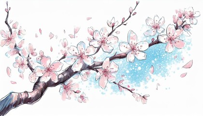 A bright white background, refreshing, clear, blue sky, dancing, beautiful illustration of cherry blossoms generated by AI