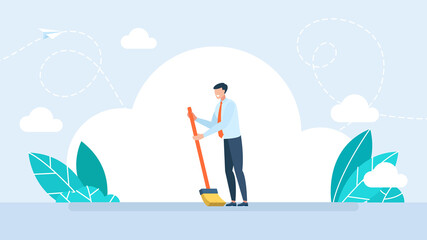 Young smiling man sweeping the floor, house husband working at home. Businessman stands with a broom. Cleaner roads, streets, and parks in working clothes with a broom in hand. Flat Illustration