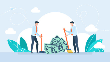 	
Two businessmen sweep money. Concept of wealth, shovel money, target, profitable business, profit. Metaphor. Tiny people, dollars, a broom, a scoop. Business and Finance. Flat illustration