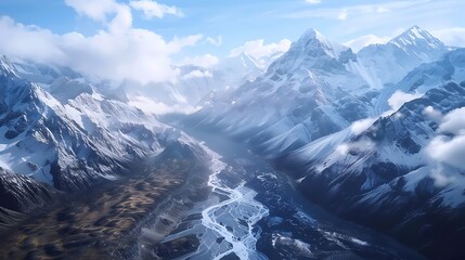 Behold the majesty of icy peaks, where glaciers kiss the sky and rivers carve their path through rugged terrain. Witness nature's grandeur in stunning 8K detail - obrazy, fototapety, plakaty