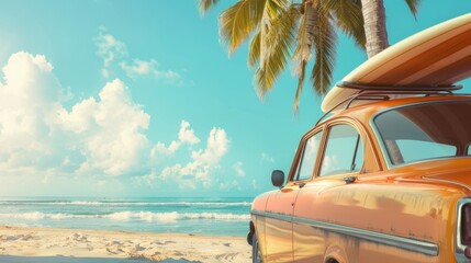 Orange car with surfboard on top, perfect for travel ads