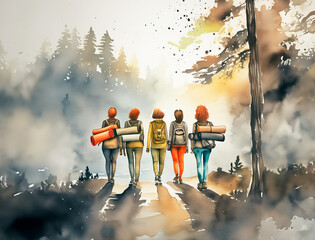 A vibrant, artistic rendering of four individuals embarking on a forest adventure, carrying camping gear. The serene atmosphere is beautifully captured