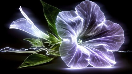   Close-up of a purple flower against black backdrop, green leaves, and central flash of light