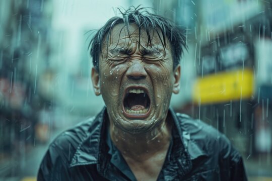 A man caught in the rain with his mouth open. Suitable for weather or emotion concepts