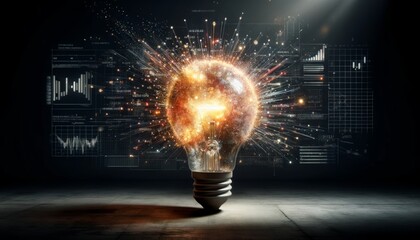 Old-fashioned bulb in the act of bursting, where the explosion is a dramatic fusion of the physical. A glowing light bulb is surrounded by a bunch of numbers and graphs.