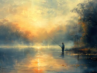 Illustration of a man is fishing by the water's edge with a thin mist floating above the water showing the cool air under the warm and beautiful morning sun. It's a very nice and private atmosphere.