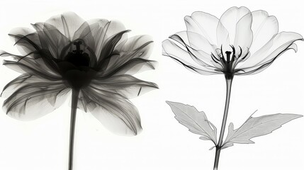  a black-and-white image of a flower, and a white-and-black  version of another flower