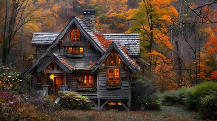 Cloaked in the colors of autumn, a cozy chalet nestles among the trees, its windows aglow with the warmth of hearth and home, a refuge from the chill of the mountain air.