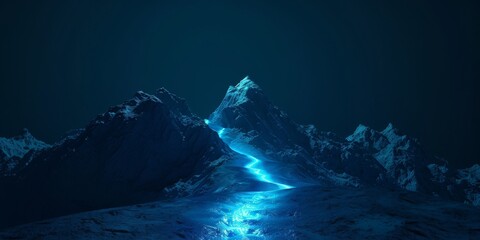 Futuristic mountain with glowing path to the top. Desktop wallpaper, sci fi environment. High quality photo