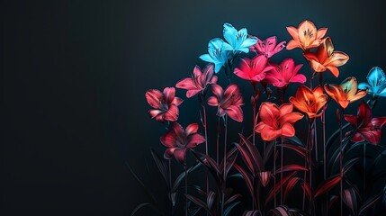   A black background with a blue light in the middle surrounded by various colored flowers