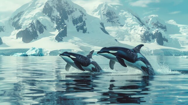 Killer whales leap from the sea's surface amidst the urgent backdrop of global warming, melting glaciers, and the endangered wildlife they harbor