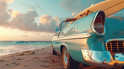 Vintage car parked on beach with surfboard, perfect for travel ads