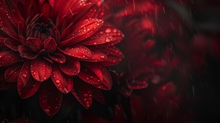   Close-up of a red flower with dewdrops on petals against a black backdrop Red bloom in foreground