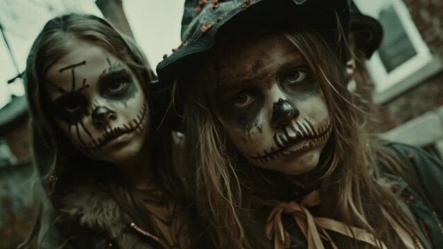 Scary kids costumes for Halloween. Girls trick or treating with spooky painted skeleton faces close up. 31 October holiday. People celebrate autumn party night. All Saints Hallows Eve. Happy childhood