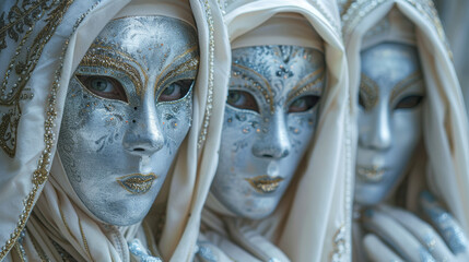 Serene Unity: Four Individual Nuns in White Garments with Ornamental White Masks