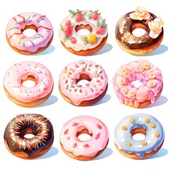 Donuts with different toppings, including chocolate, and strawberry.