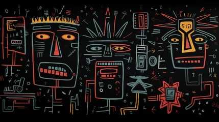 Abstract colorful drawing of stylized tribal faces on a dark background.