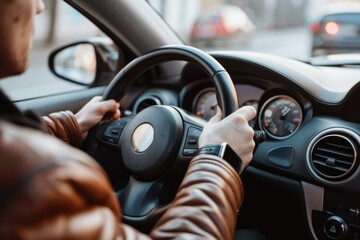A man driving a car on a city street. Suitable for transportation and urban lifestyle concepts