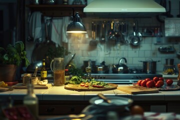 Fototapeta premium A pizza sitting on a kitchen counter. Suitable for food and cooking concepts