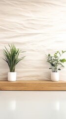 Three vibrant potted plants neatly arranged on a rustic wooden shelf