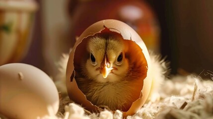 A baby chick hatching out of its egg.