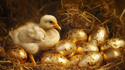 A baby chicken sits on a nest of golden eggs.