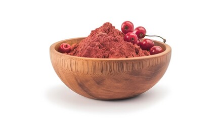A wooden bowl filled with red powder and cherries. Suitable for food and cooking concepts
