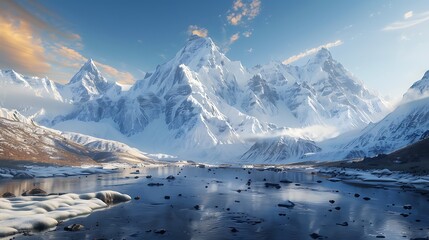 Enter a world of sublime tranquility, where mountains rise like giants from a sea of ice and rivers flow with graceful purpose. Immerse yourself in the pristine realism of this cinematic vista,