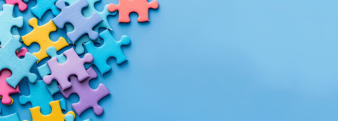 colorful jigsaw puzzle pieces isolated on wide blue background with space for text, Concept of Autism, alzheimer awareness, seizure disorder	