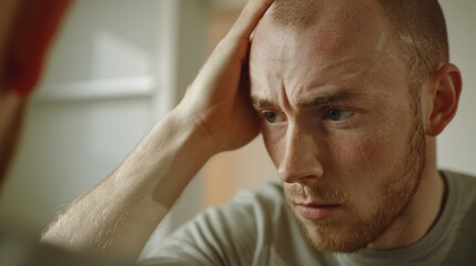 Fototapeta premium A bald man looking at his reflection. Suitable for self-care or personal development concepts