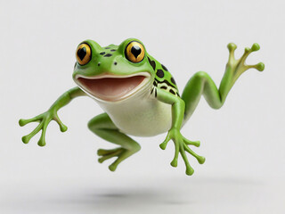 Obraz premium A playful image of a small frog, its bright green skin contrasting with its stark white background as it leaps into the air with a mischievous grin (1)